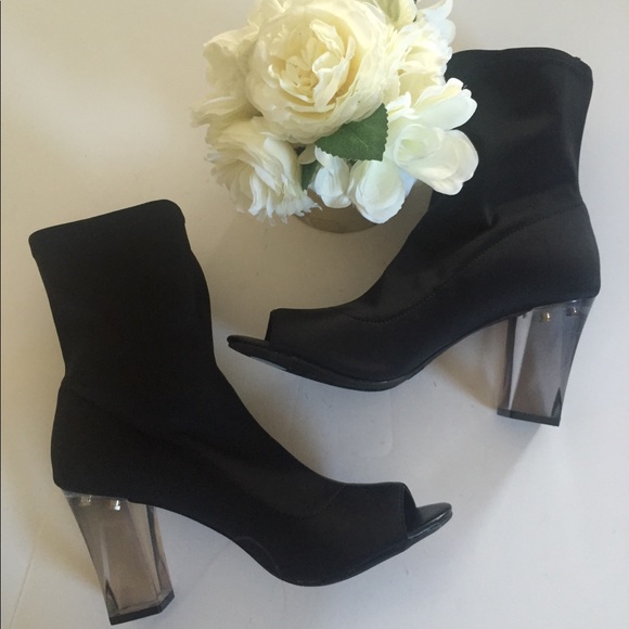 Parker & Sky Shoes - [Parker & Sky] Lucite Heel Satin Peep toe booties